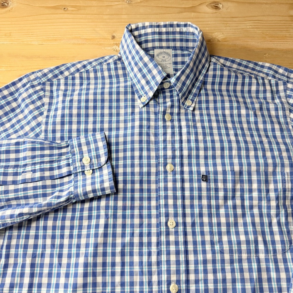 Brooks Brothers 346 Mens Slim Fit Gingham Button Down Shirt Blue White Medium
